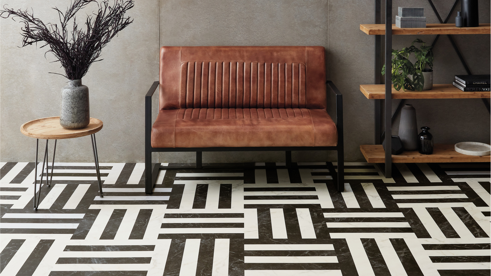 Karndean designflooring glacial and midnight marble stone tiles flooring in a living room