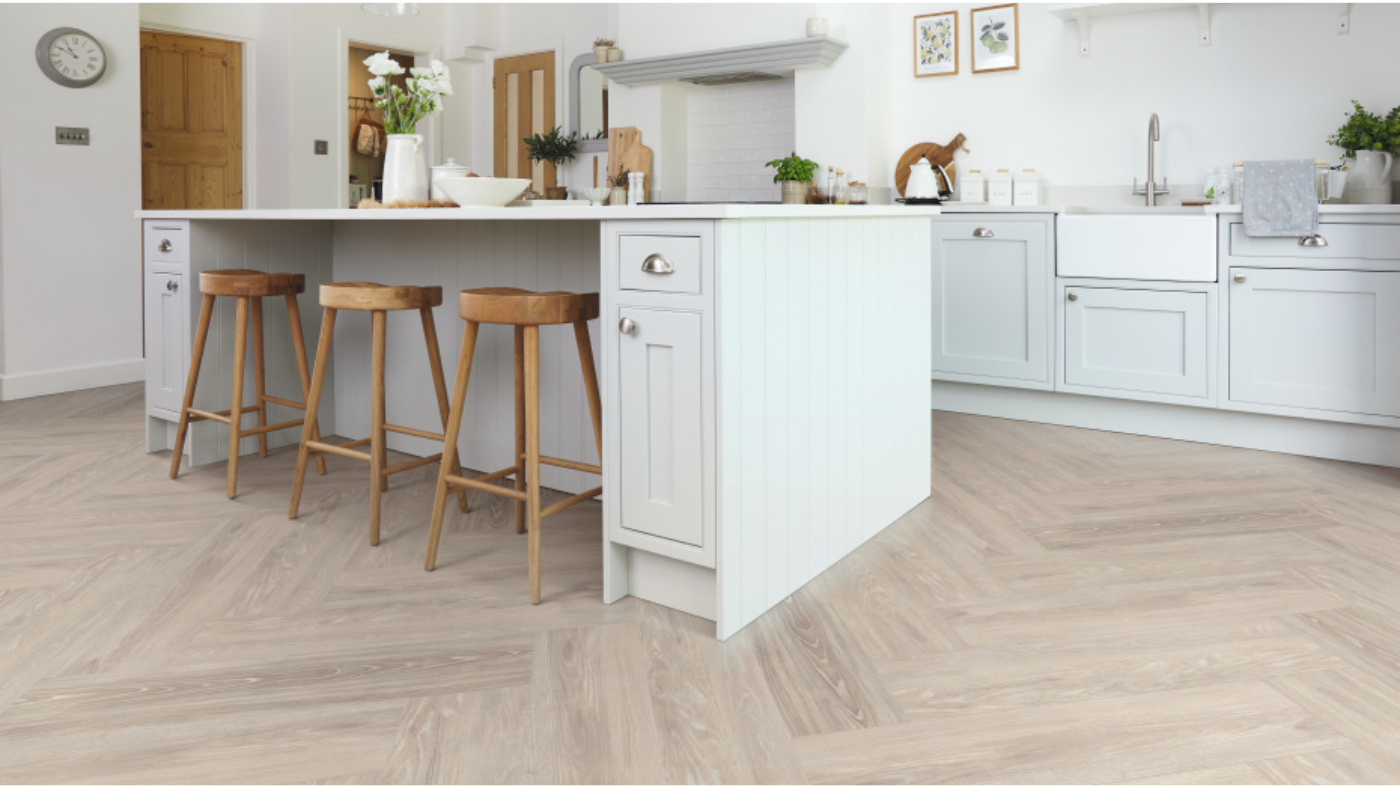 Karndean loose lay herringbone wood flooring in a kitchen