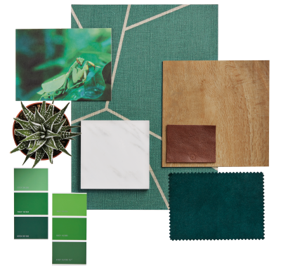 Green mood board with a succlent and swatches of wallpaper and RL01 Spring Oak