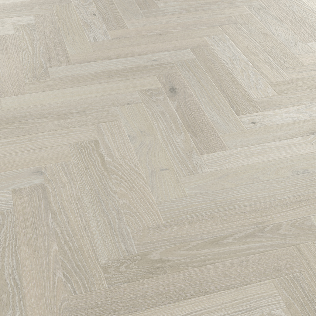 Clay Artisan Oak light grey herringbone lvt flooring laid at an angle