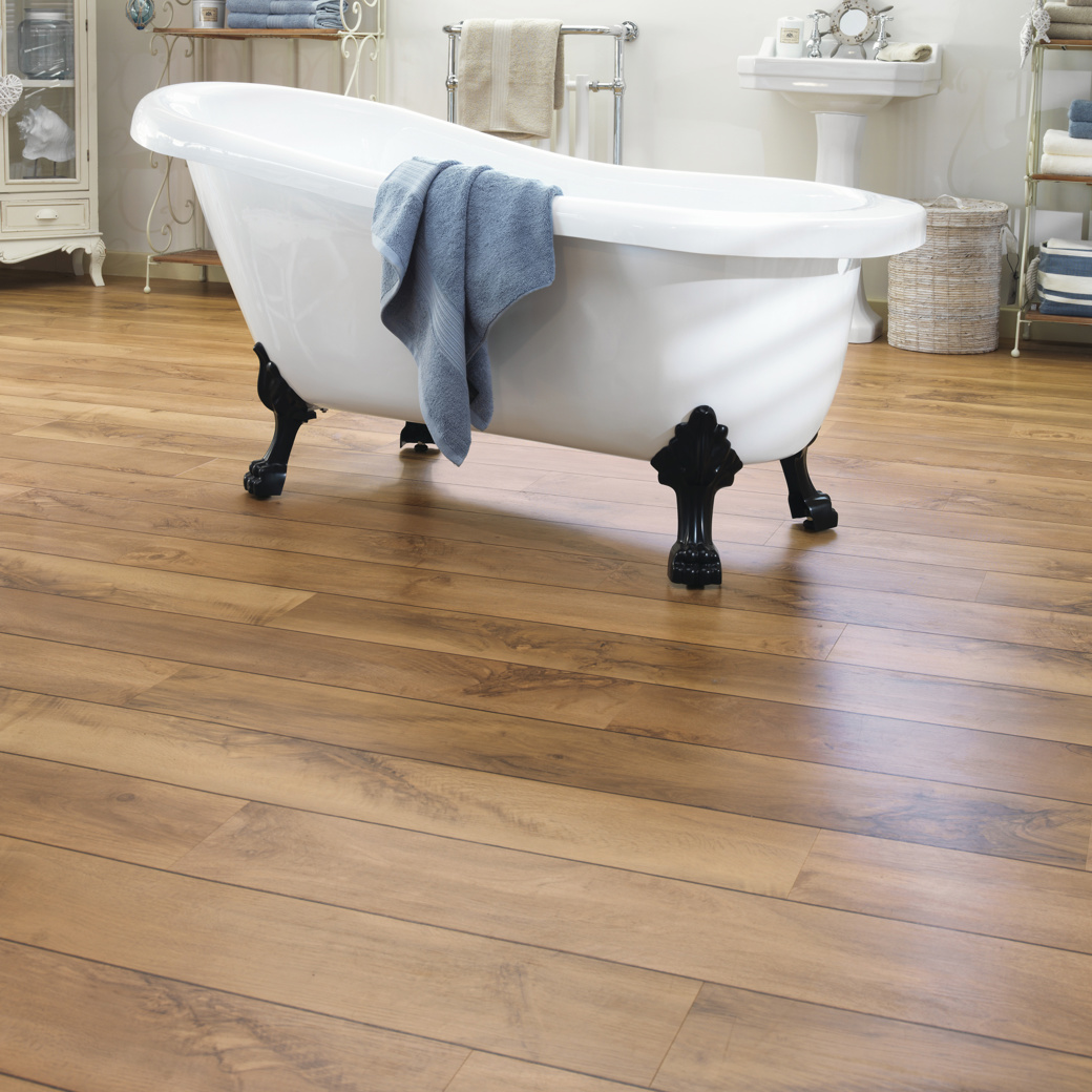 Auckland Oak golden brown LVT flooring in a bathroom