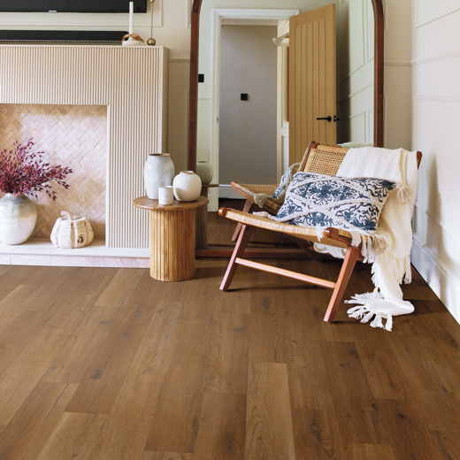 Russet Oak mid brown lvt flooring laid in a living room area